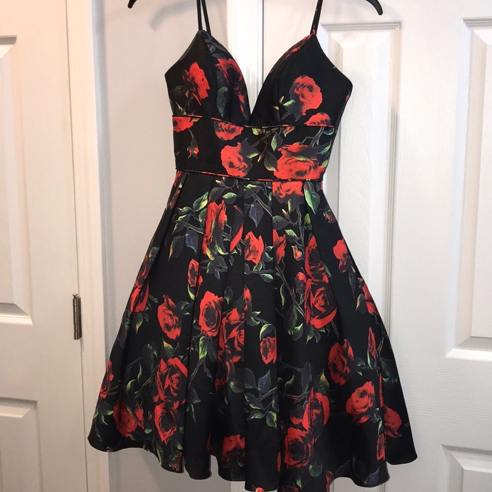 Worn one time, formal black and red rose dress
